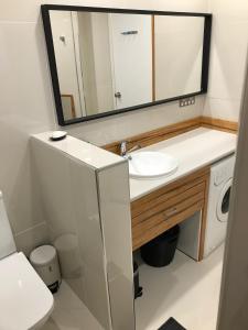 La salle de bains est pourvue d'un lavabo, d'un miroir et d'un lave-linge. dans l'établissement Wedgetaildown, à Parndana