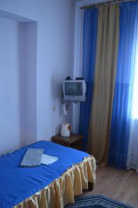 a bedroom with a blue bed and a tv at M10 Service in Posenichi