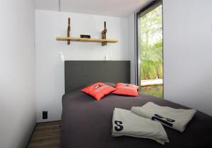 弗伦斯堡Houseboat in Flensburg with Harbor Views的一间卧室，有一张带红色枕头的床和一扇窗户