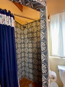 a bathroom with a shower curtain and a toilet at Hotel Casa María Félix in Álamos +65 photos