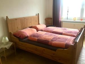 a bed with two pink pillows on it in a bedroom at Ferienwohnung Keilbergblick in Kurort Oberwiesenthal