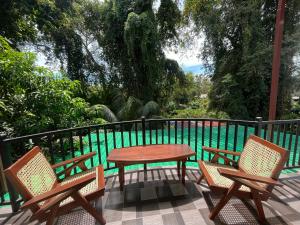 - une table et deux chaises sur une terrasse avec une piscine dans l'établissement JAMI River Side Hotel & Yala Safari Place, à Tissamaharama