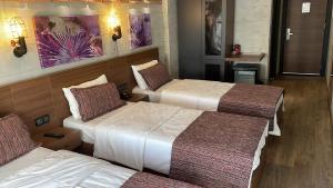 a hotel room with three beds in a room at Elibol Hotel Old City in Istanbul