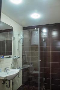 班斯科Dinos 2 Bed Cozy Apart at Bansko close to the lift的带水槽、淋浴和马桶的浴室