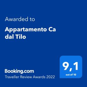 Certifikát, hodnocení, plakát nebo jiný dokument vystavený v ubytování Appartamento Ca dal Tilo