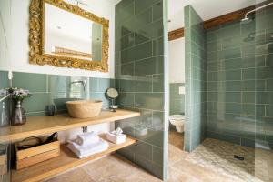 a bathroom with green tiles and a mirror at La Ferme d'Armenon in Les Molières