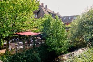 un jardín con cenador y árboles en Hotel & Restaurant Linde, en Münstertal