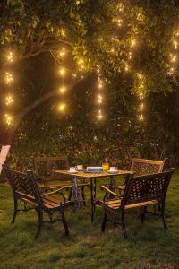 a table and chairs with lights under a tree at SaffronStays Serene Retreat, Alibaug in Alibaug