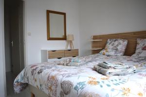 a bedroom with a bed with a blanket and a mirror at Triplex avec jardinet - wifi - à 400m de la plage in Courseulles-sur-Mer