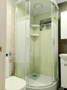 a glass shower in a bathroom with a toilet at Chusovskaya Hotel in Zavod Chusovskoye