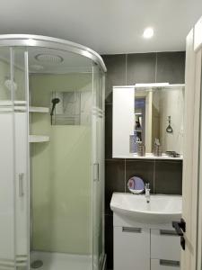 a bathroom with a shower and a sink at Chusovskaya Hotel in Zavod Chusovskoye