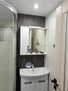 a white bathroom with a sink and a shower at Chusovskaya Hotel in Zavod Chusovskoye