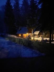 a house with lights on in the snow at night at Forest Cottage Weekend House in Vlăhiţa