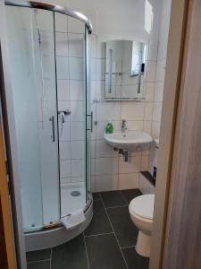uma casa de banho com um chuveiro, um WC e um lavatório. em Appart Hotel Roßdorf em Roßdorf