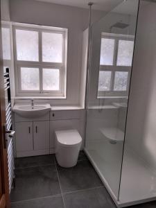 uma casa de banho com um WC, um lavatório e um chuveiro em The Denes em Mablethorpe