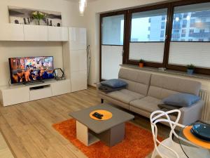 Televízia a/alebo spoločenská miestnosť v ubytovaní JAB Apartments Panoramika Business & Family