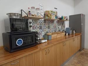 a kitchen with a microwave and a counter top at Hostel Quartier Leon Jabalquinto in León