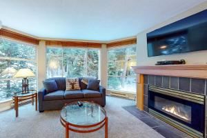 uma sala de estar com um sofá e uma lareira em Woodrun #418 em Whistler