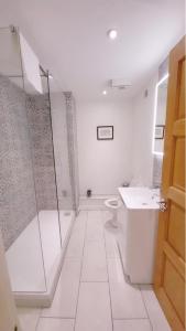 a bathroom with a shower and a toilet and a sink at Central City Apartment - Free Parking in Belfast +14 photos