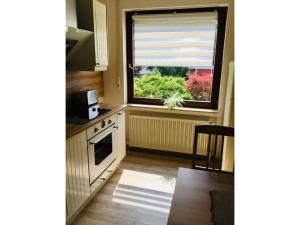 een keuken met een raam, een wastafel en een fornuis bij Maison Bibéc in Hofgeismar