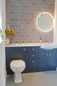 a blue bathroom with a toilet and a sink at Taylor's Rest in Toab