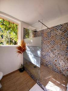 a bathroom with a shower with a tiled wall at Studio avec jardin entre Aix-en-Provence, Luberon et Verdon in Peyrolles-en-Provence