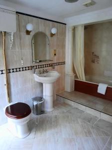 een badkamer met een toilet, een wastafel en een bad bij Donington Manor Hotel in Castle Donington