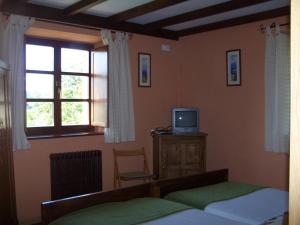 a bedroom with a bed and a tv and a window at Casa El Trabeseo in San Martín de Luiña
