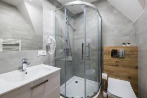 een badkamer met een douche, een toilet en een wastafel bij Janosówka in Czarna Góra
