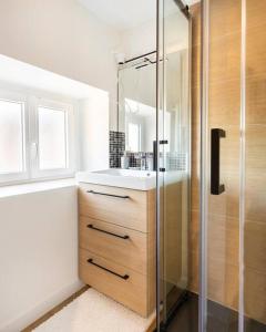 uma casa de banho com um lavatório e um chuveiro em Appartement T2- Le bon accueil / WIFI / PARKING em Angoulême