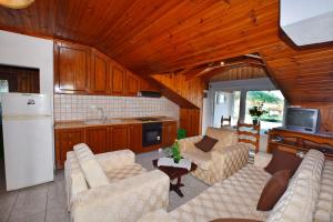 a living room with couches and a kitchen at Effi's Garden Villa in Limenas