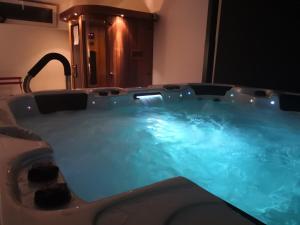 特雷西索梅的住宿－波米耶爾斯克洛斯酒店，浴室内设有一个蓝色的大浴缸