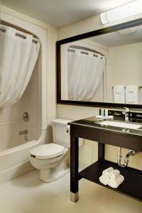 a bathroom with a toilet and a sink and a mirror at Comfort Inn Corner Brook in Corner Brook