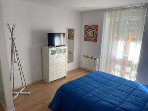 1 dormitorio con 1 cama azul y TV en ANARAL-Casco Viejo Gijon-AUTOCHECK 24h en Gijón