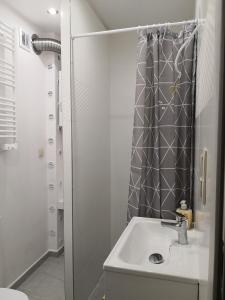 a bathroom with a sink and a shower at Różowe sny in Kłodzko