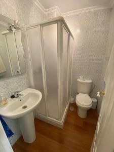 a bathroom with a shower and a toilet and a sink at Apartamento en Luis Montoto, Nervión. Céntrico in Seville