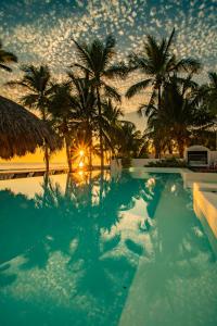 a swimming pool with palm trees and the sunset at Villa Rincon del Mar & Villa Rincon de las Morenas in Coyuca