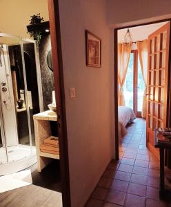 a room with a bathroom with a shower and a mirror at Suite avec jardin entre Aix en Provence, Luberon et Verdon in Peyrolles-en-Provence