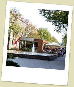 um edifício com uma fonte no meio de uma rua em Apartament w Alei Fontann. em Szczecin