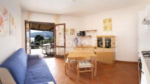 a living room with a table and a blue couch at 15B - Grazioso appartamento riservato a Porto Mannu in Palau