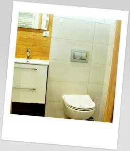 um banheiro com um vaso sanitário branco e uma pia em Apartament w Alei Fontann. em Szczecin mais 4 fotografias