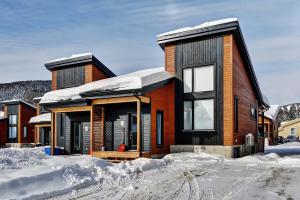 een huis is bedekt met sneeuw in een tuin bij 108 Chemin des Ruisselets in Stoneham