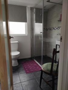 a bathroom with a shower and a toilet and a chair at Offa Home in Leamington Spa