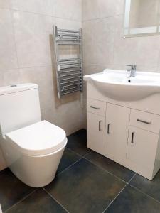 La salle de bains est pourvue de toilettes blanches et d'un lavabo. dans l'établissement The Beech Flat - Self contained one bedroom flat with parking, à Oxford