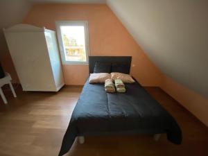 Un dormitorio con una cama con dos zapatos. en Chambre d'hôtes Les Grillons en Olemps