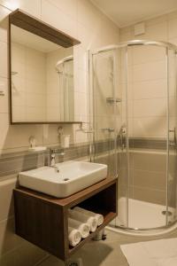 a bathroom with a sink and a shower at Industrial Belišće in Belišće