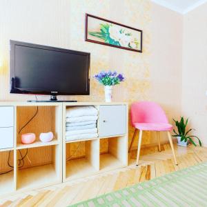 een woonkamer met een tv en een roze stoel bij 1 room 50m2 center of Obolon near River side. Dream Town in Kiev