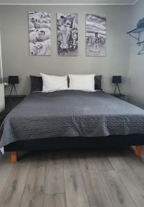 um quarto com uma cama com quatro fotografias na parede em Lækjarbakki 11 em Varmahlid