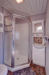 uma casa de banho com um chuveiro e um lavatório. em Modern Winnipesaukee Lake Front Retreat (Venice) em Alton