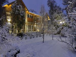 Una casa en la nieve por la noche con luces en Apartamentos Bajo Cero, en Villa La Angostura